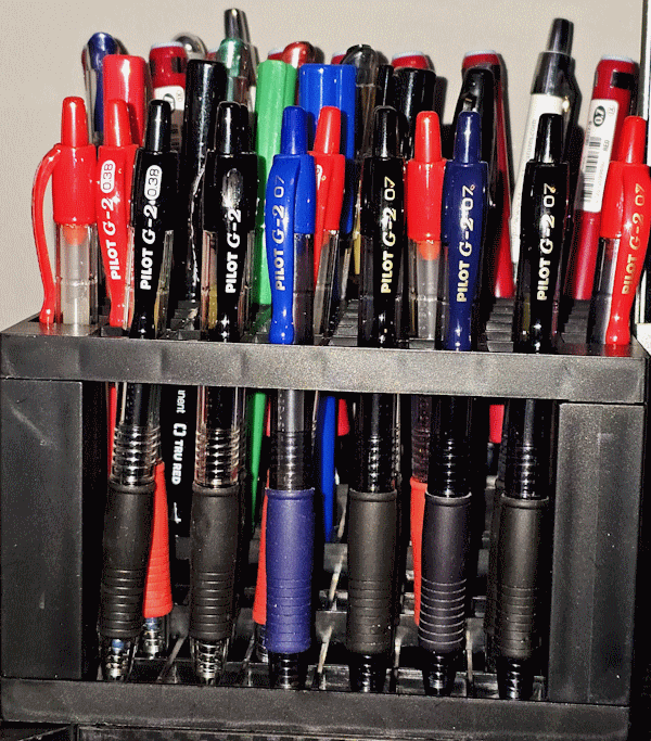 Stand full of pens with G-2 in front two rows