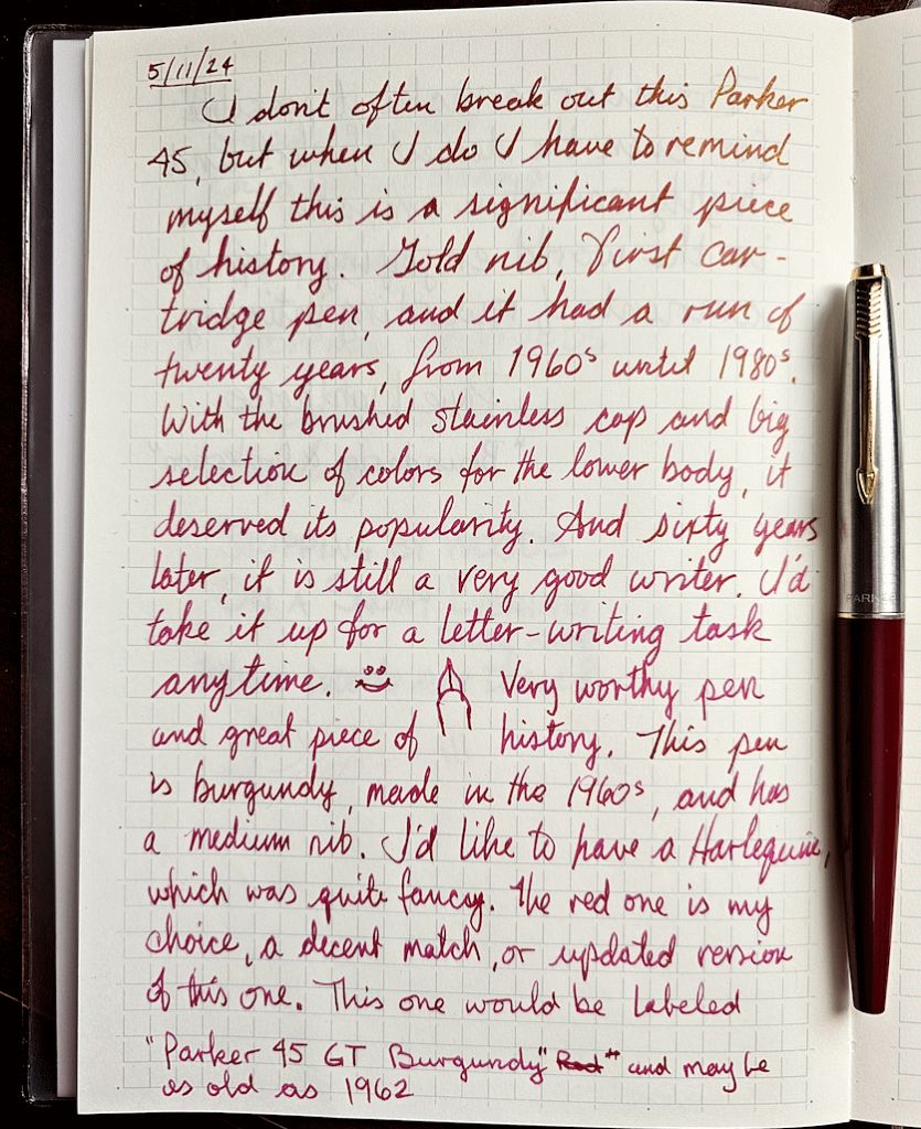 Writing with the Parker 45 GT Burgundy fountain pen